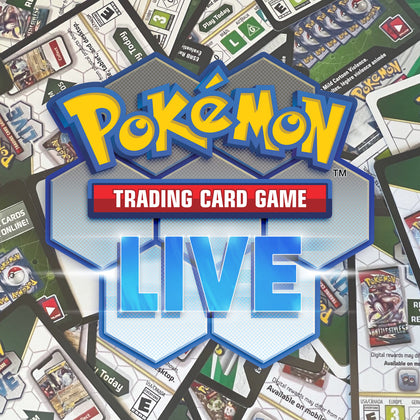 Logo for PTCG Live in front of a pile of code cards